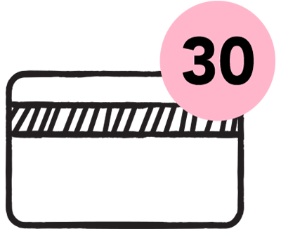 Card icon with pink '30' icon, symbolising pay in 30 days
